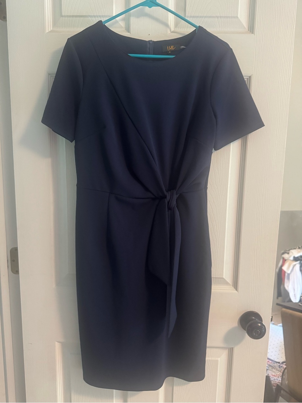 Elegant Navy faux wrap Sheath Dress
